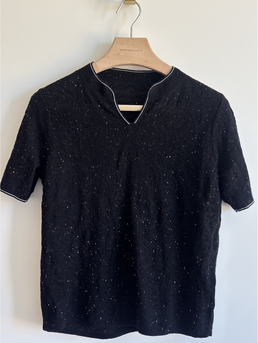 Black Sequin Wool Knit Short Sleeve Sweater Top Size L Sparkle Textured